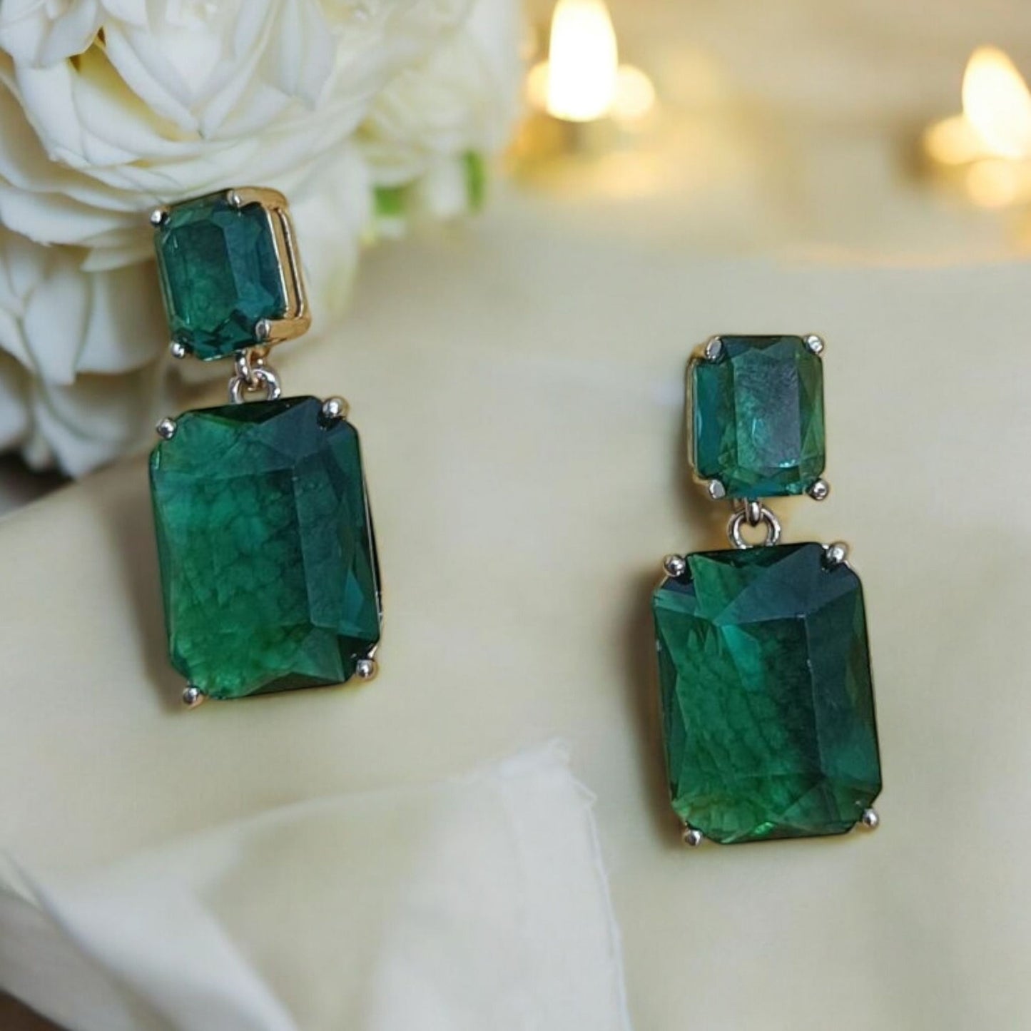 Radiant Crystal Rectangular Green Earrings