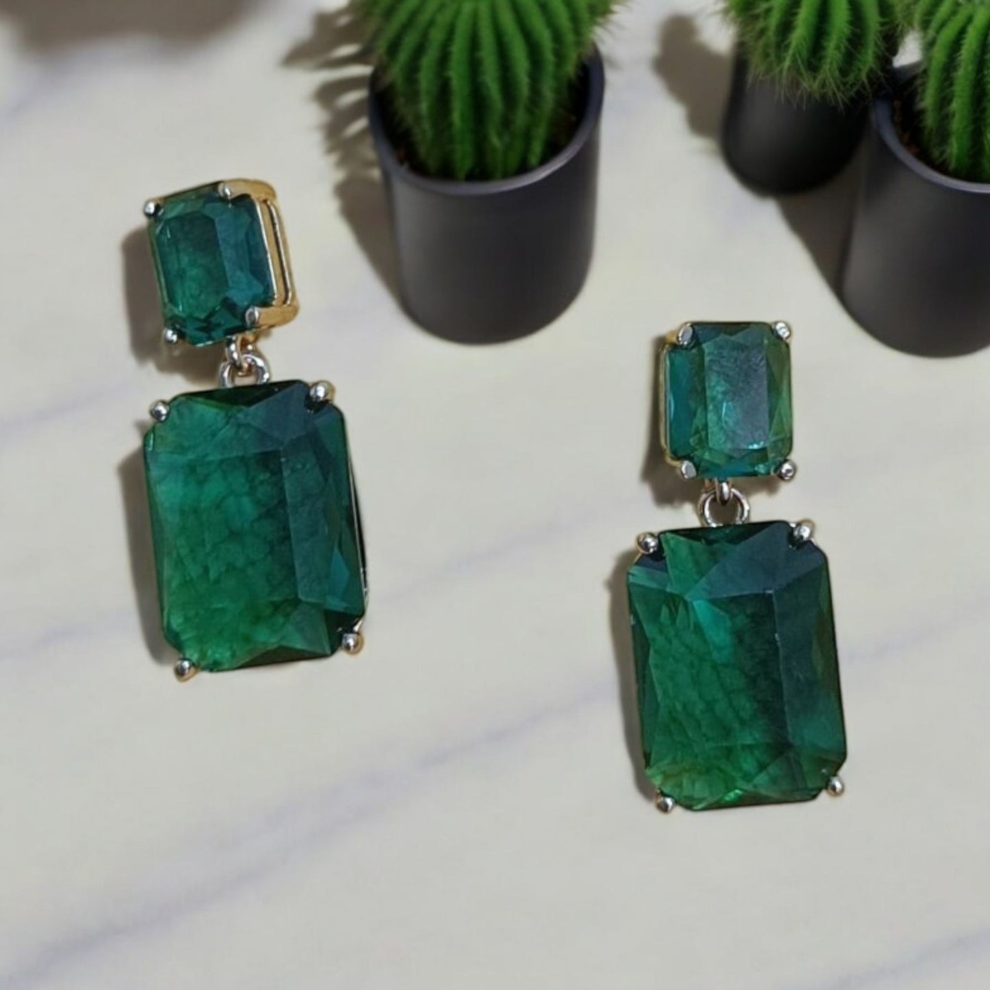 Radiant Crystal Rectangular Green Earrings