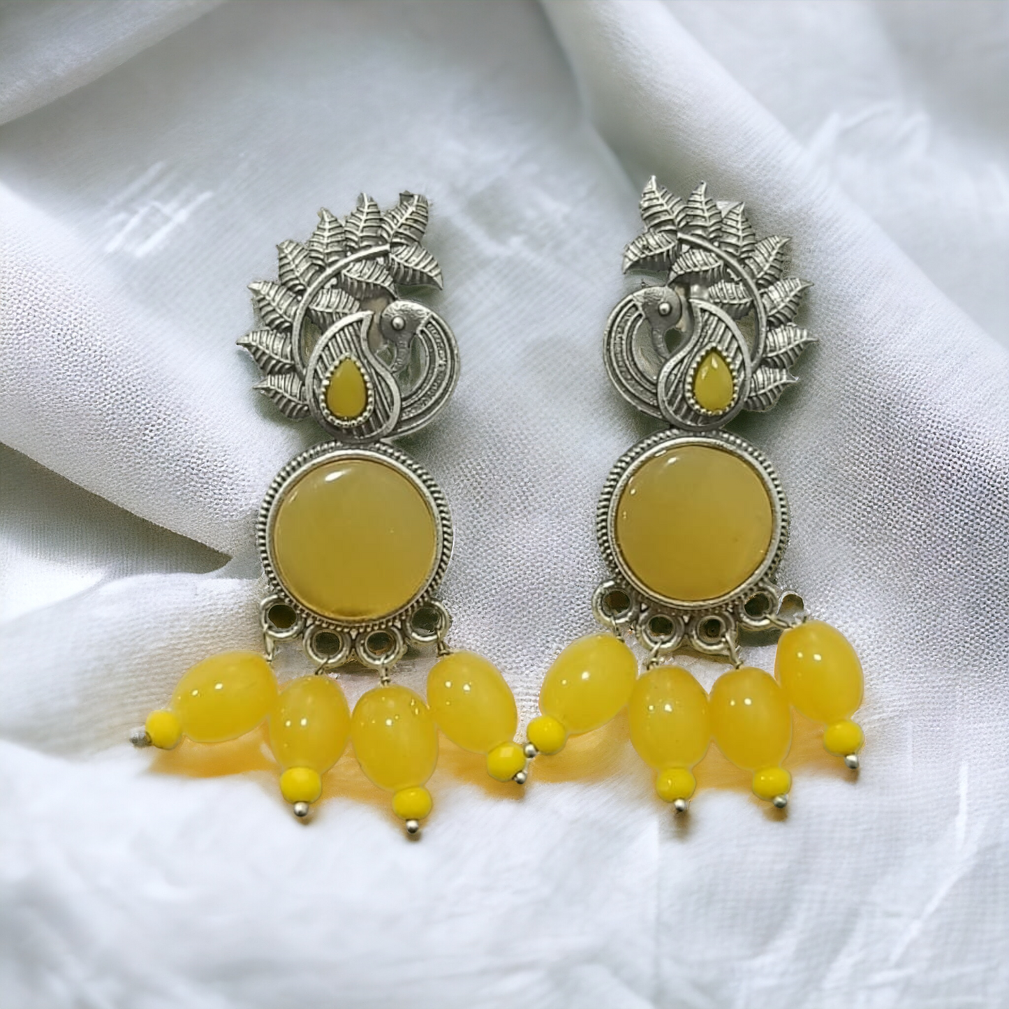 Opulent Peacock Shaped Silver Replica Earrings