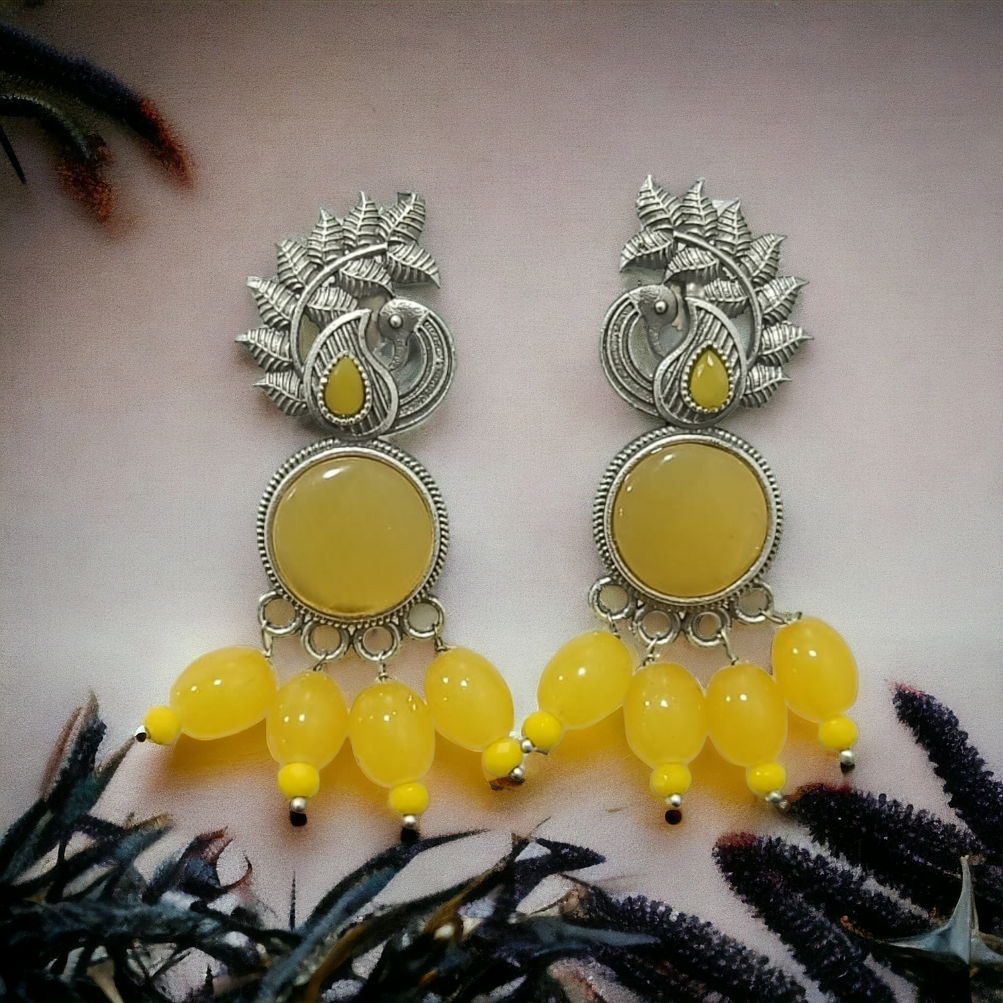 Opulent Peacock Shaped Silver Replica Earrings