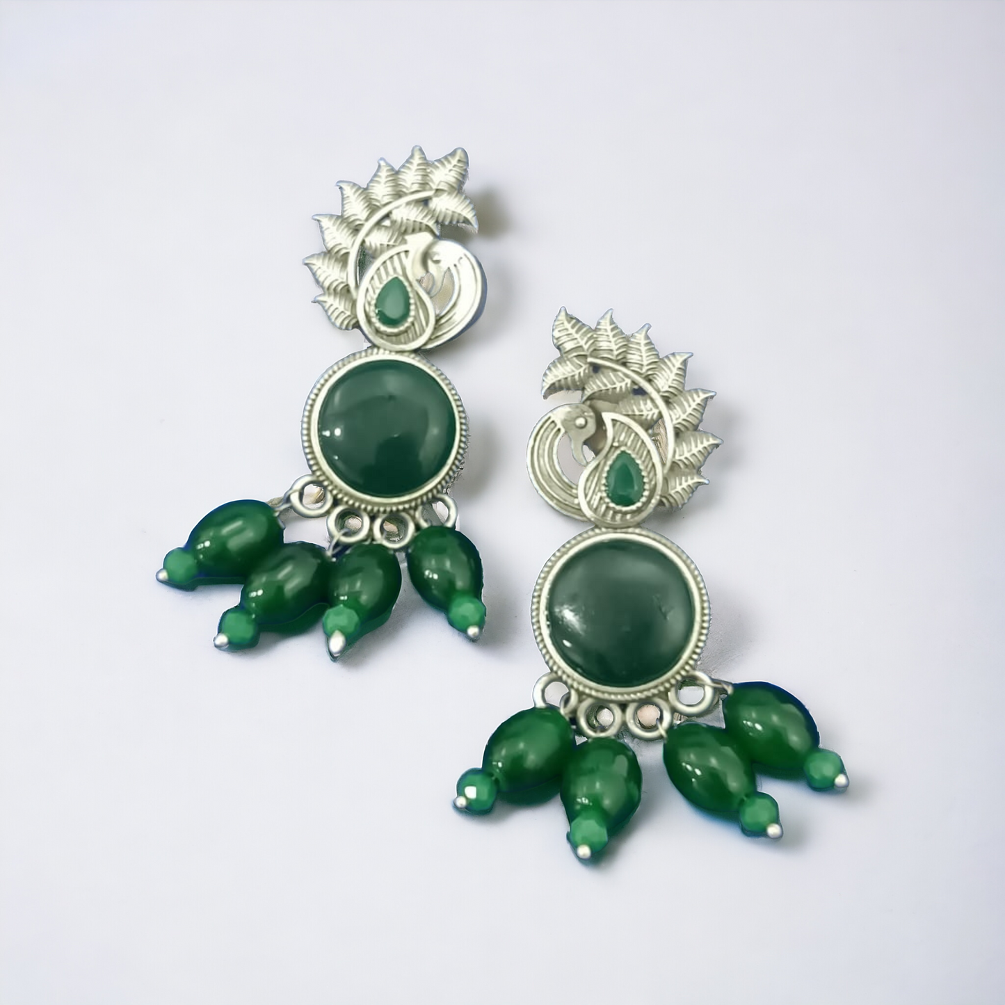 Opulent Peacock  Shaped Silver Replica Earrings