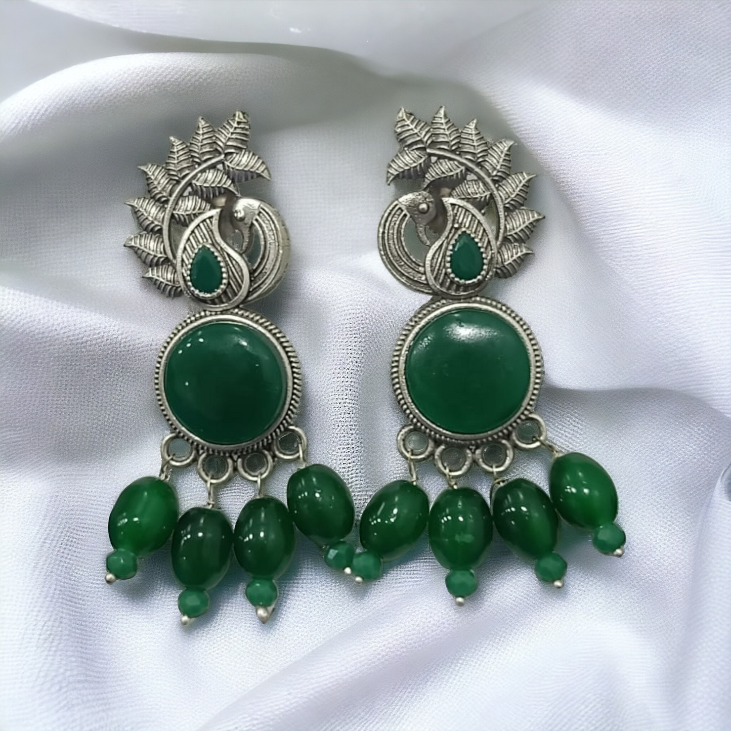 Opulent Peacock  Shaped Silver Replica Earrings