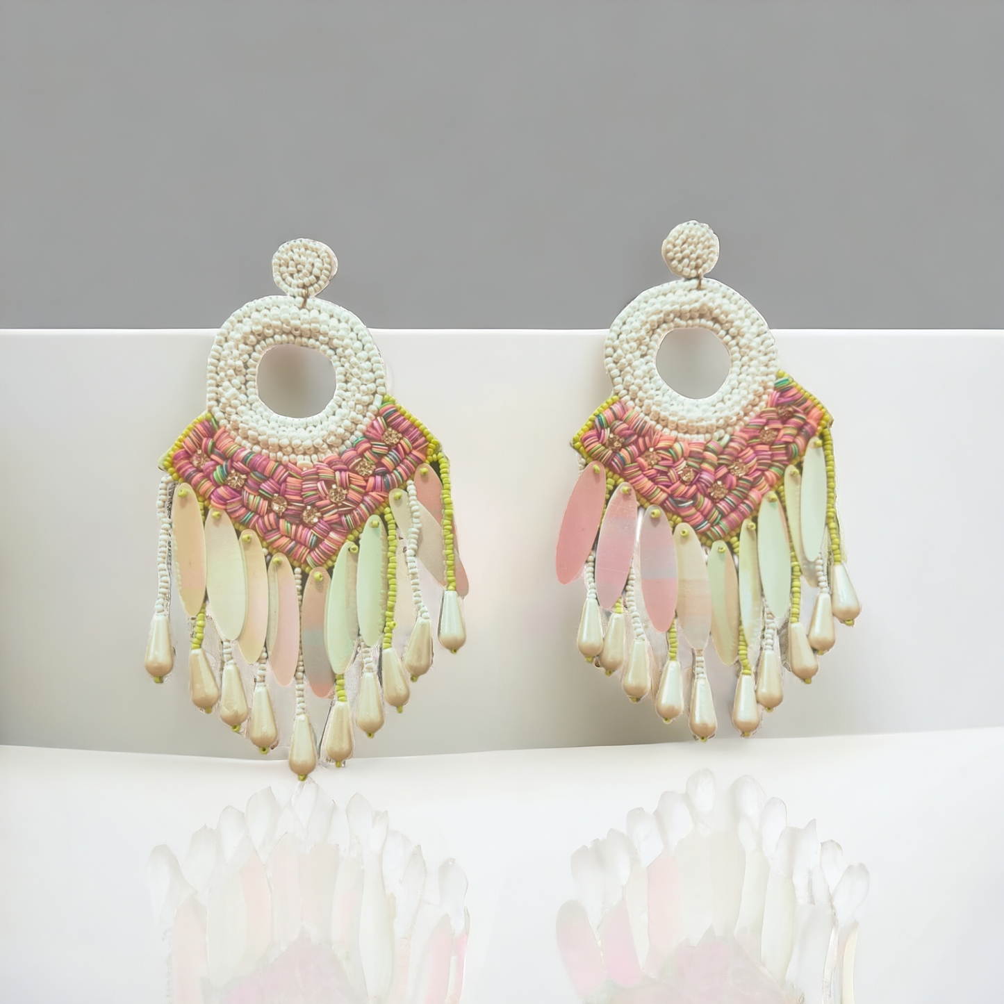 Handmade pink and white dangler Earrings
