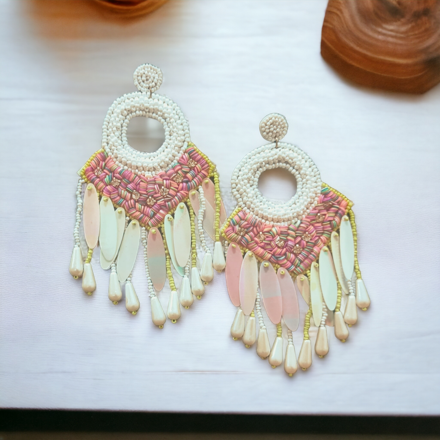 Handmade pink and white dangler Earrings