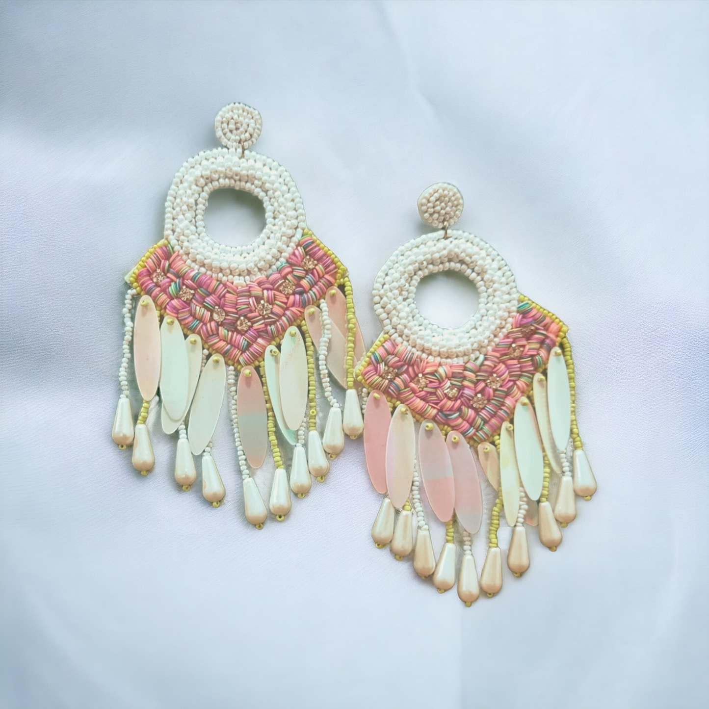 Handmade pink and white dangler Earrings