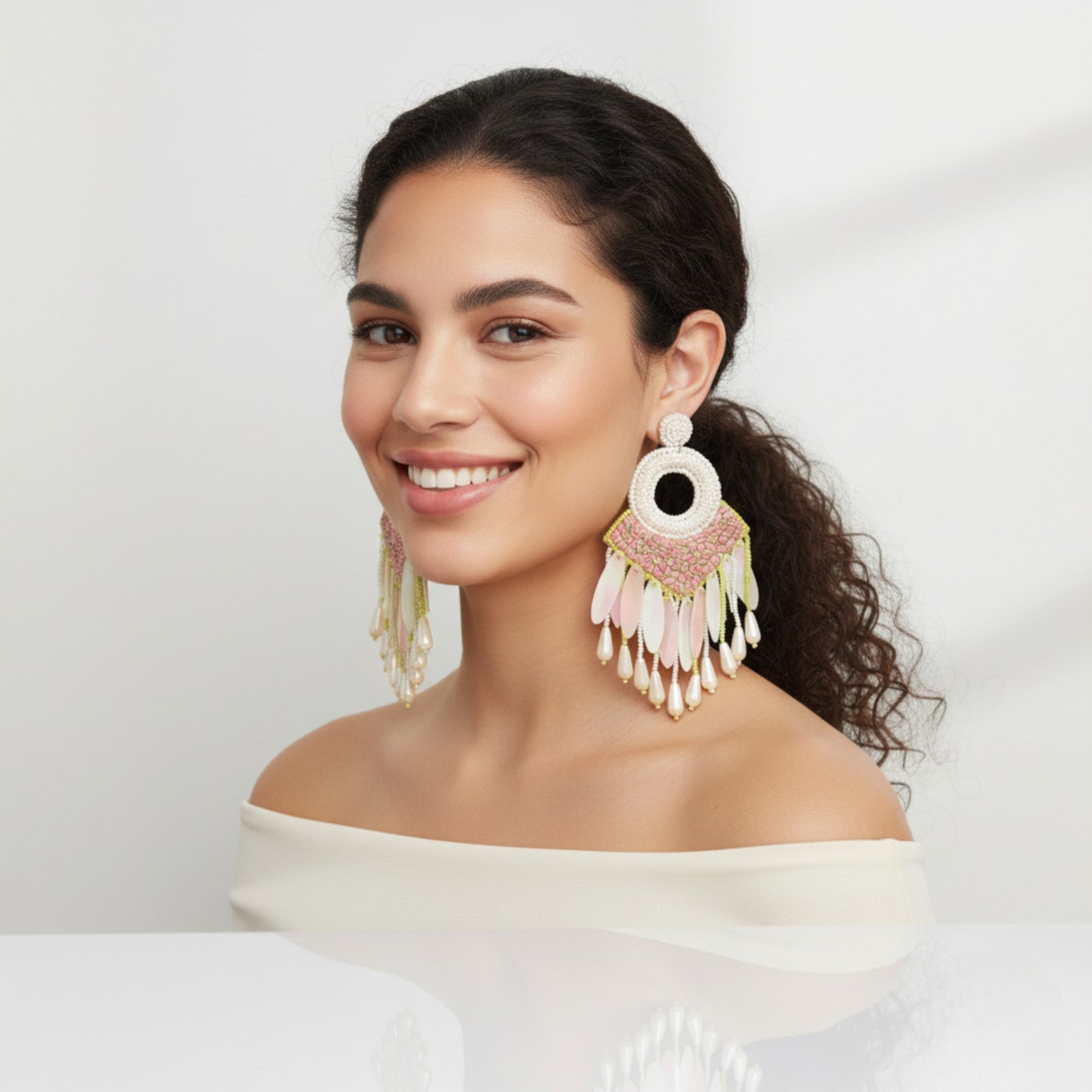 Handmade pink and white dangler Earrings